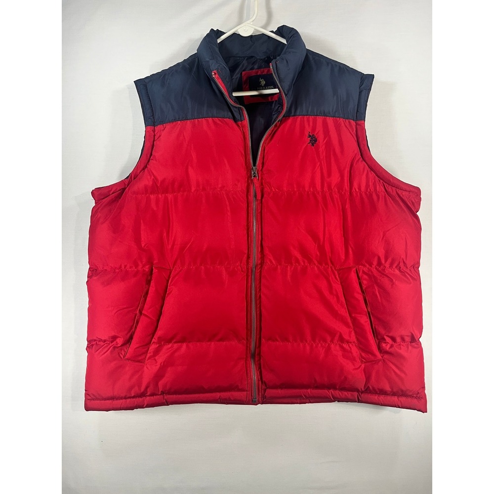 US Polo Assn Mens XL Red Navy Blue Colorblock Puffer Vest Full Zip